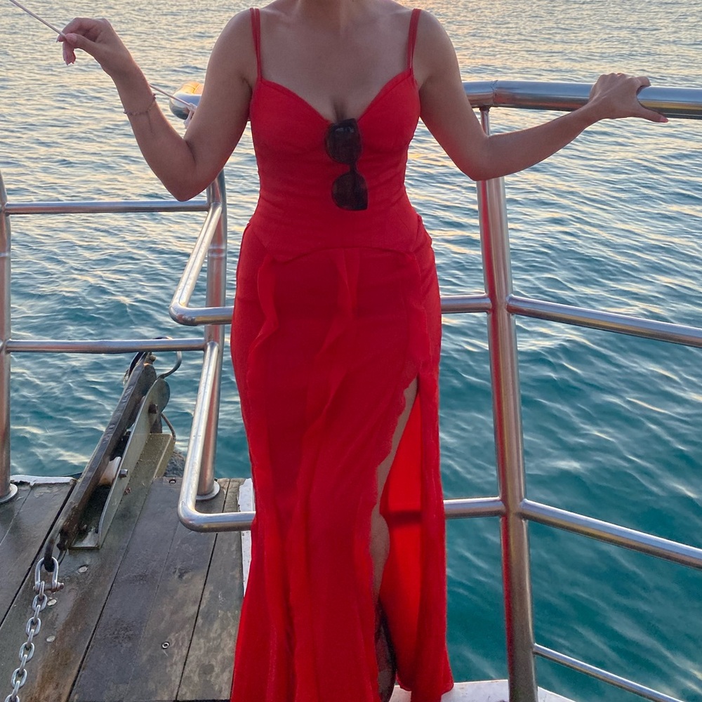 Perrine corset frill maxi dress in red scarlet